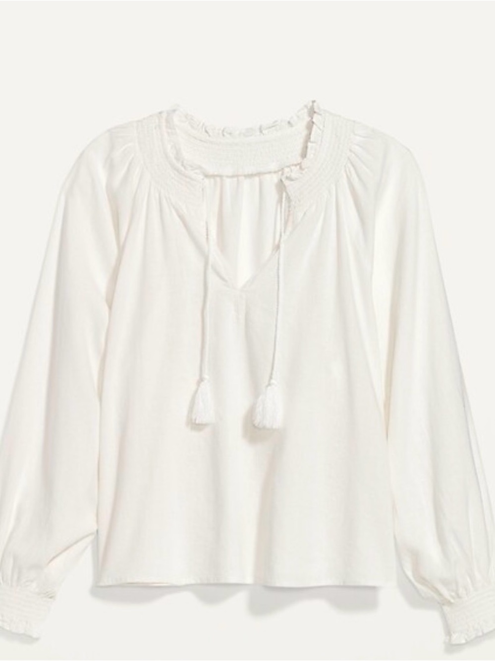 Old Navy Oversized Long-Sleeve
Smocked Linen-Blend Top color White Lilies Size M